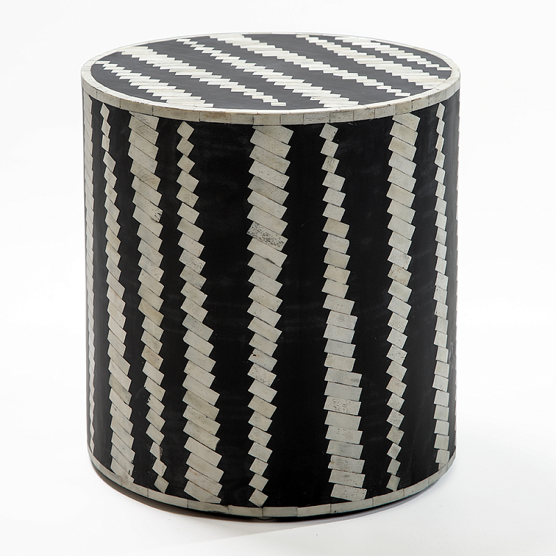 Приставной круглый столик с инкрустацией Black and White Geometry Stool ivory ( слоновая кость ) Черный в Саратове | Loft Concept 