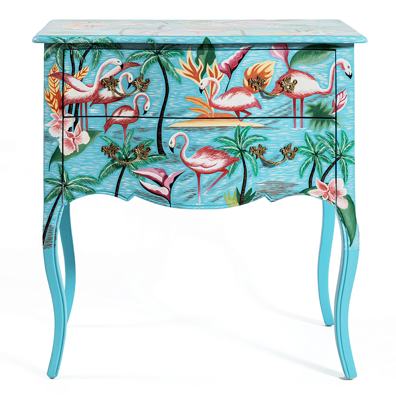 Комод с росписью Розовый фламинго L.XV CHEST OF DRAWERS Flowers with Flamingo Голубой Мульти в Саратове | Loft Concept 