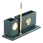 Настольный письменный набор с гербом России и часами из природного камня змеевик Successful Leader варинант исполнения - 2 | Loft Concept в Саратове