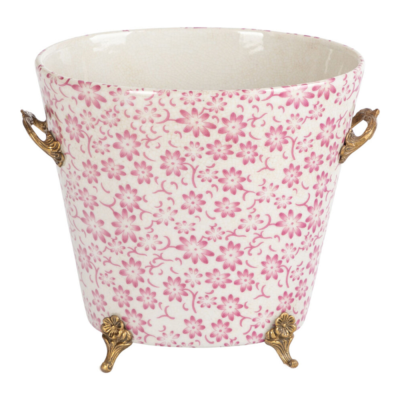 Кашпо из белого фарфора с розовым цветочным орнаментом Eden Garden Розовый Белый Бронза в Саратове | Loft Concept 