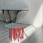 Дизайнерский журнальный стол с круглой прозрачной столешницей и основанием в виде красных металлических тросов Wires варинант исполнения - 2 | Loft Concept в Саратове