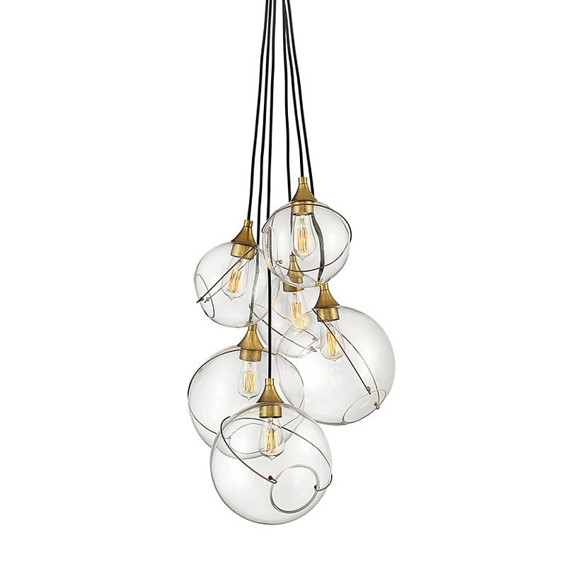 Подвесной светильник с шестью прозрачными стеклянными шарообразными плафонами Hinkley Латунь Прозрачное Стекло в Саратове | Loft Concept 