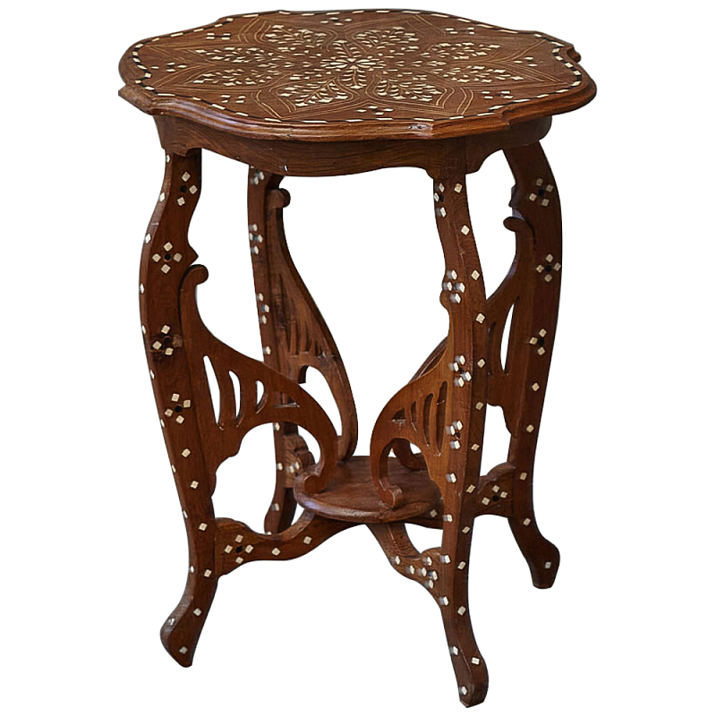 Приставной столик из массива тика инкрустированный костью Wooden Bone Inlay Side Table Коричневый Белый в Саратове | Loft Concept 