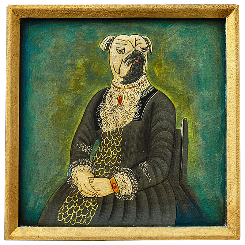 Картина в квадратной раме Chinoiserie Mops Dog Green Portrait Зеленый Бирюзовый Золотой Серый Мульти в Саратове | Loft Concept 