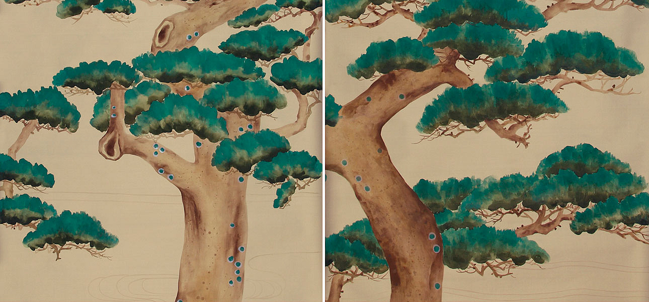 Обои ручная роспись Pine Trees Original colourway on New Faint Gold metallic silk Обои ручная роспись Pine Trees Original colourway on New Faint Gold metallic silk - Loft-Concept в Саратове