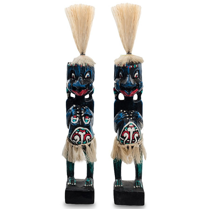 Комплект из 2-х деревянных статуэток Asmat Straw Headdress Statuettes Blue Red Черный Синий Красный Бежевый Мульти в Саратове | Loft Concept 