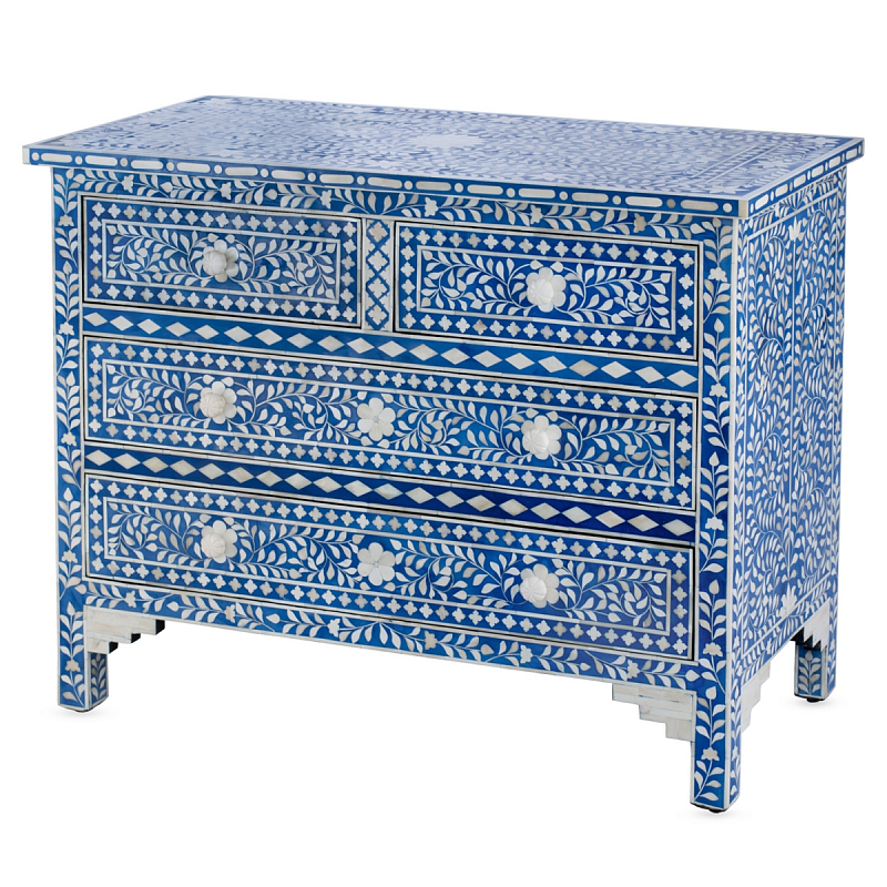 Комод Синий узор отделка кость Bone Inlay Dresser Blue Floral Design Chest of Drawers ivory ( слоновая кость ) Синий в Саратове | Loft Concept 
