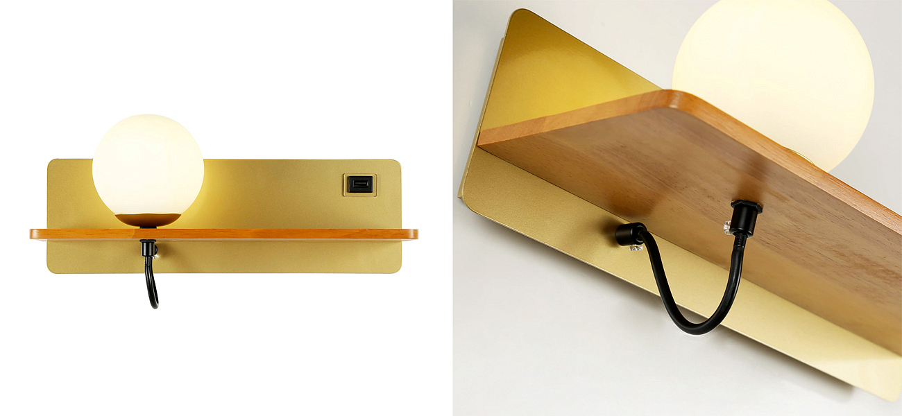Бра с полкой Gold GAVIN WOOD USB Бра с полкой Gold GAVIN WOOD USB - Loft-Concept в Саратове