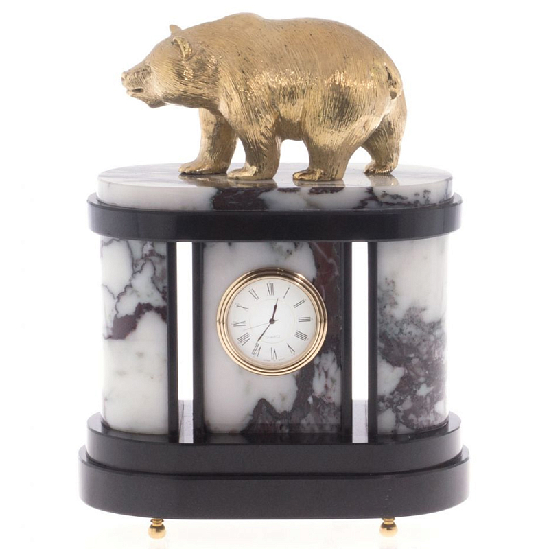 Часы настольные бронзовые с декором в виде медведя Bear Stone Clock Черный Бронза Коричневый Белый Часы настольные бронзовые с декором в виде медведя Bear Stone Clock Черный Бронза Коричневый Белый в Саратове | Loft Concept