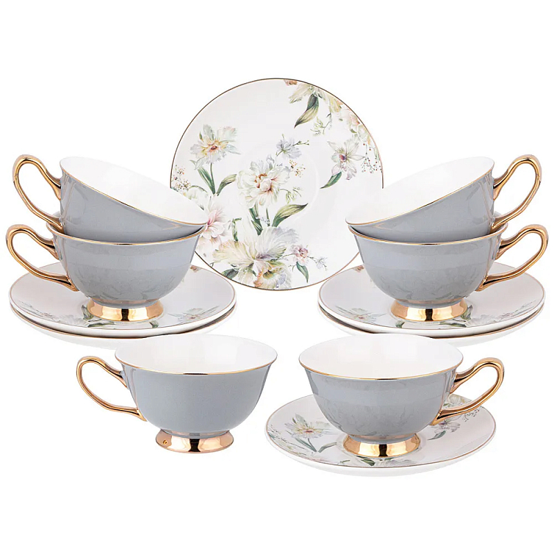 Чайный набор из фарфора на 6 персон Grey Tea Porcelain Set Белый Золотой Серый в Саратове | Loft Concept 