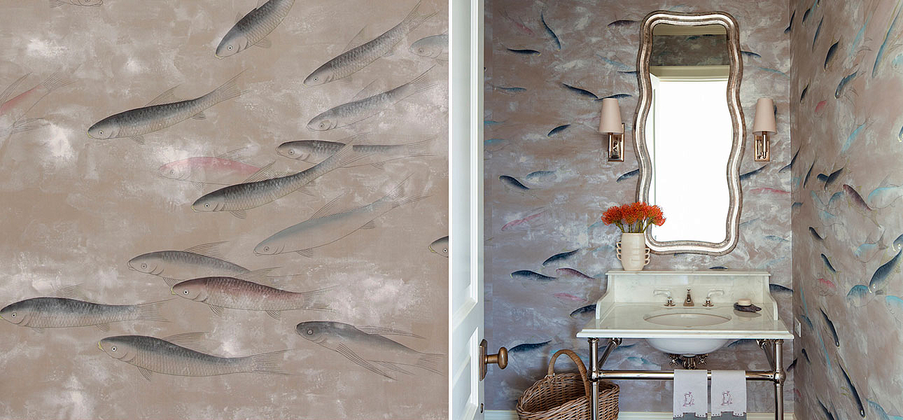 Обои ручная роспись Fishes Blue Pearl on Lead Grey dyed silk with antiquing Обои ручная роспись Fishes Blue Pearl on Lead Grey dyed silk with antiquing - Loft-Concept в Саратове