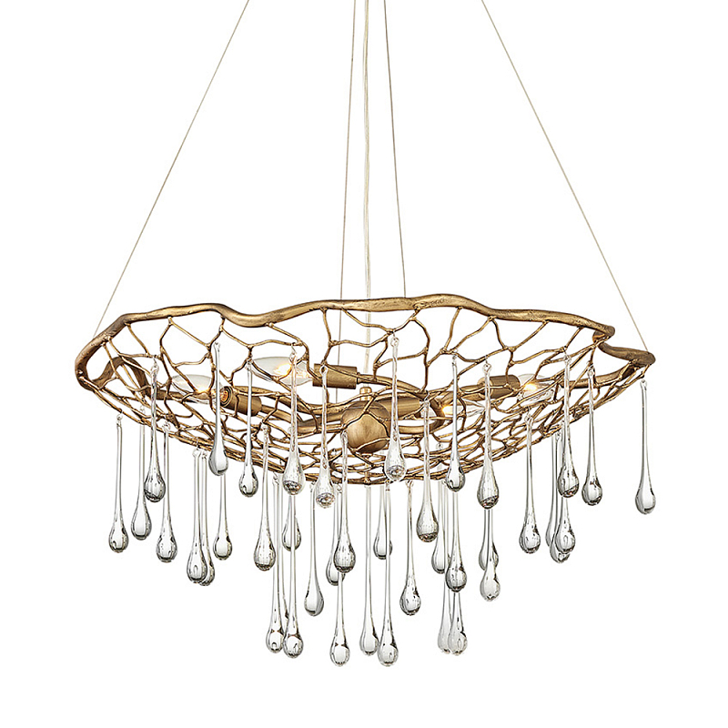Люстра подвесная золотого цвета с металлическим сетчатым основанием и стеклянными каплевидными подвесками Hinkley Золотой Прозрачное Стекло в Саратове | Loft Concept 