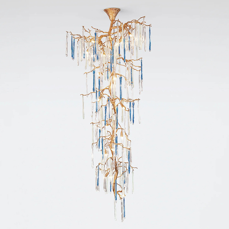 Люстра каскадная с прозрачными и голубыми подвесками в форме капель Droplet Chandelier Золотой Прозрачный Голубой Люстра каскадная с прозрачными и голубыми подвесками в форме капель Droplet Chandelier Золотой Прозрачный Голубой в Саратове | Loft Concept