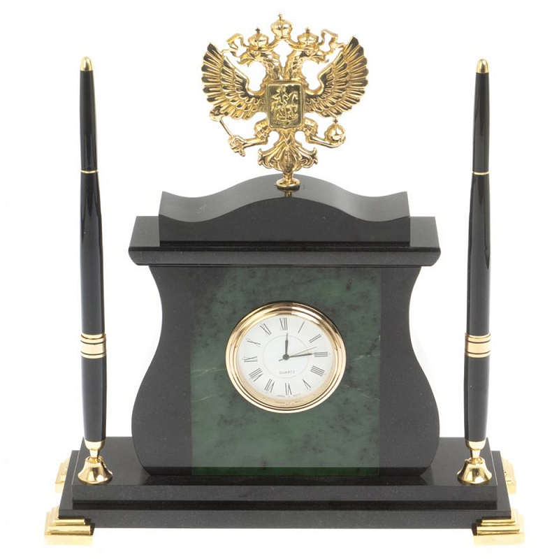 Часы настольные с Гербом России и 2-мя шариковыми ручками в комплекте Stone Clock Черный Зеленый Коричневый Бронза в Саратове | Loft Concept 