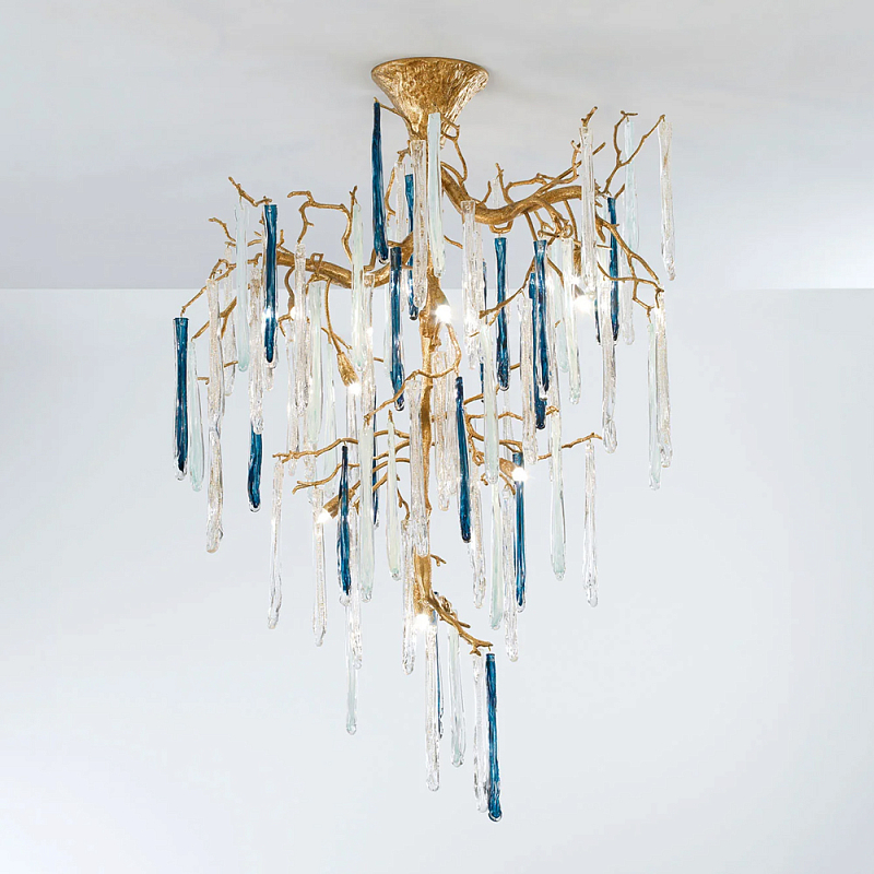 Люстра с прозрачными и голубыми подвесками в форме капель Droplet Chandelier Золотой Прозрачный Синий Люстра с прозрачными и голубыми подвесками в форме капель Droplet Chandelier Золотой Прозрачный Синий в Саратове | Loft Concept