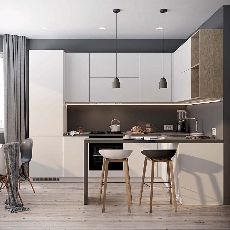 Кухонный гарнитур белый акриловый фасад Eveline White Kitchen Set Белый Древесина Серый в Саратове | Loft Concept 