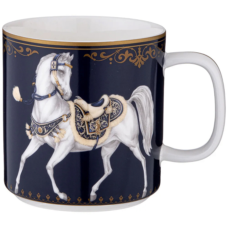 Кружка из фарфора синяя с изображением лошадей 400 мл Porcelain Horse Set Белый Синий Золотой в Саратове | Loft Concept 