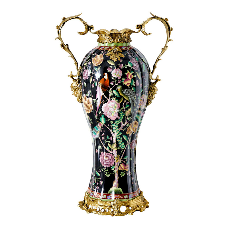 Ваза из фарфора черная с цветочной росписью и бронзовыми элементами Spring Garden Бронза Мульти Черный в Саратове | Loft Concept 