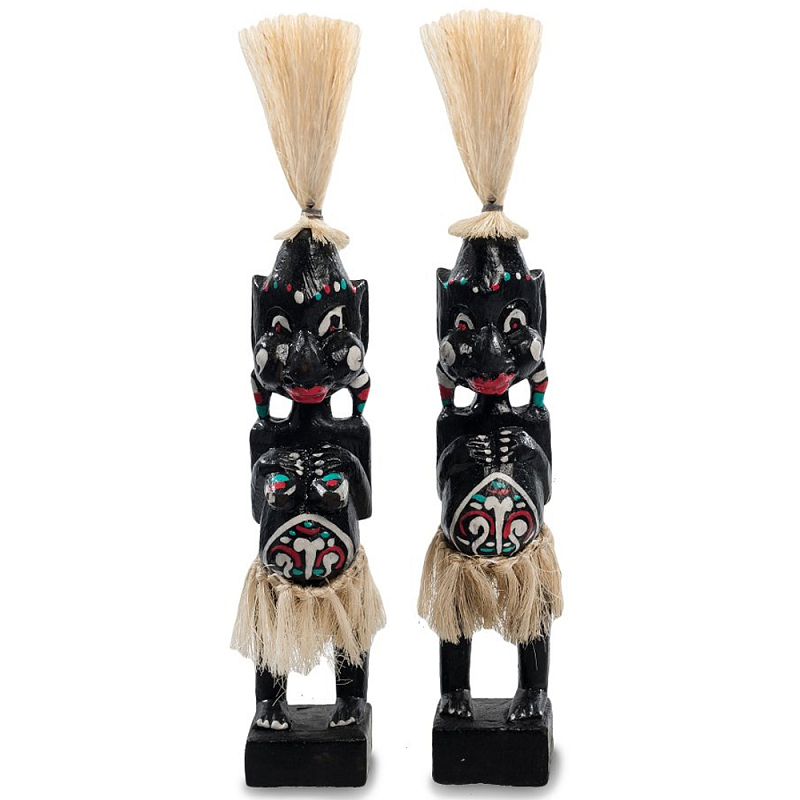 Комплект из 2-х деревянных статуэток Asmat Straw Headdress Statuettes Black Turquoise Черный Бежевый Белый Бирюзовый Мульти Комплект из 2-х деревянных статуэток Asmat Straw Headdress Statuettes Black Turquoise Черный Бежевый Белый Бирюзовый Мульти в Саратове | Loft Concept