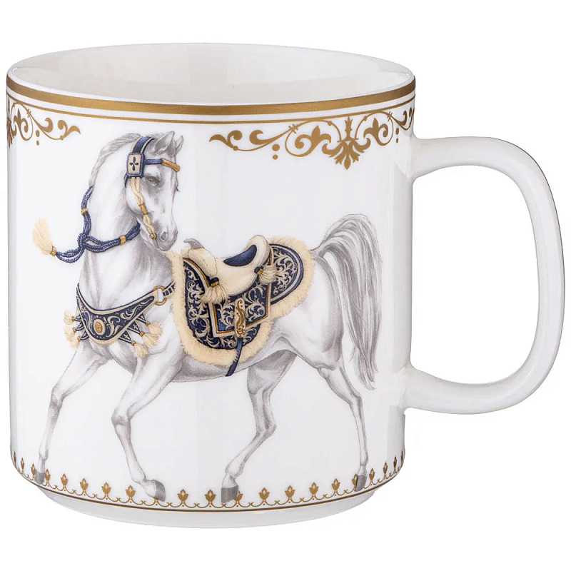 Кружка из фарфора белая с изображением лошади 400 мл Porcelain Horse Set Белый Синий Золотой в Саратове | Loft Concept 