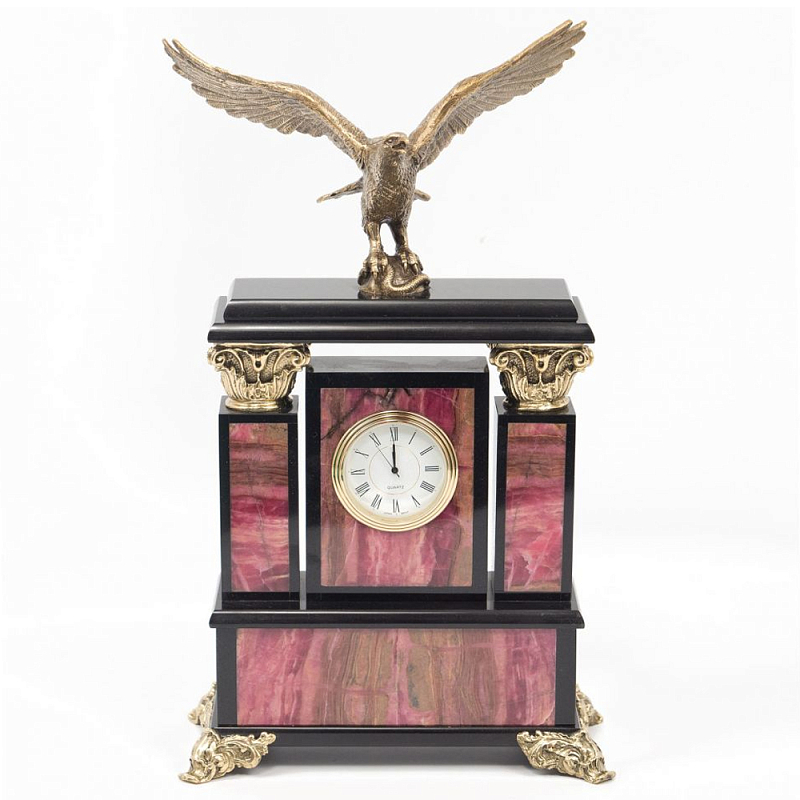 Часы настольные из родонита и бронзы с декором в виде орла Eagle Stone Clock Розовый Бронза Черный Часы настольные из родонита и бронзы с декором в виде орла Eagle Stone Clock Розовый Бронза Черный в Саратове | Loft Concept