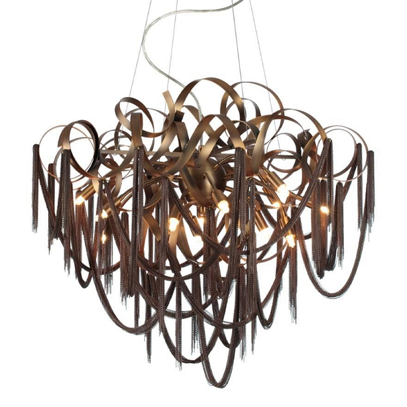 Люстра подвесная с объемной композицией из скрученных лент и металлических цепочек Atlantis Chain Черный Коричневый в Саратове | Loft Concept 