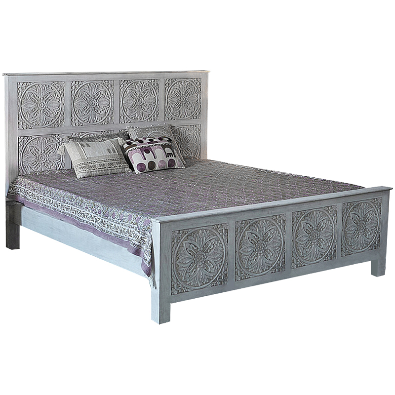Двуспальная кровать из массива манго с резьбой Floro Grey Mango Bed Бежевый в Саратове | Loft Concept 