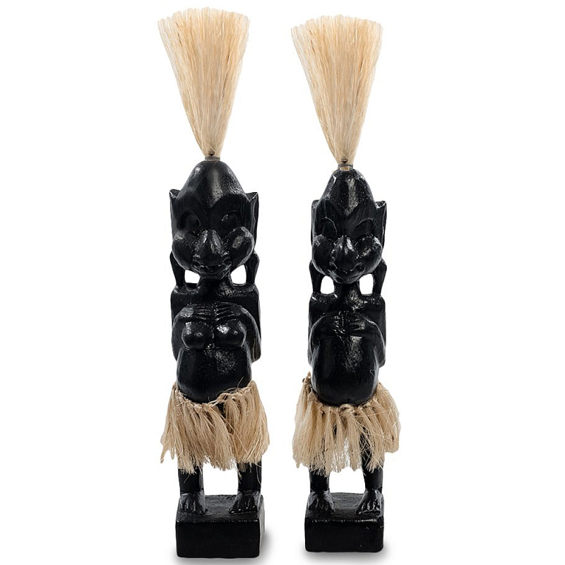 Комплект из 2-х деревянных статуэток Asmat Straw Headdress Statuettes Black Черный Бежевый в Саратове | Loft Concept 