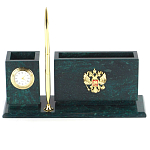 Настольный письменный набор с гербом России и часами из природного камня змеевик Successful Leader варинант исполнения - 1 | Loft Concept в Саратове