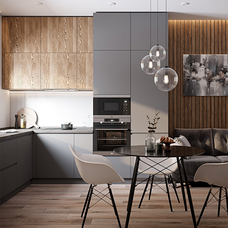 Серый матовый кухонный гарнитур с фасадом под дерево Vincens Kitchen Set Серый Ясень Серый матовый кухонный гарнитур с фасадом под дерево Vincens Kitchen Set Серый Ясень в Саратове | Loft Concept