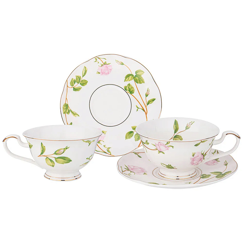 Чайный набор из фарфора белый с цветочным принтом на 2 персоны 4 предмета Flower Porcelain Collection Белый Мульти в Саратове | Loft Concept 