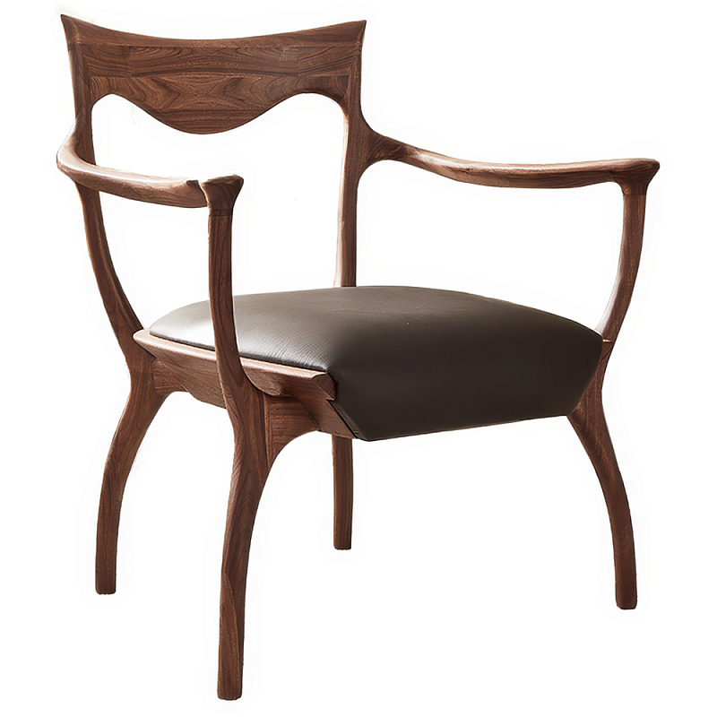 Стул деревянный с мягким сиденьем из коричневой натуральной кожи Moon Walnut Furniture Орех Коричневый в Саратове | Loft Concept 