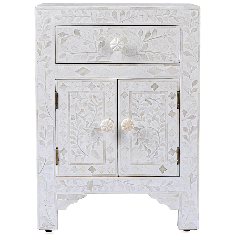 Тумбочка с инкрустацией BONE INLAY BEDSIDE Белая ivory ( слоновая кость ) Белый в Саратове | Loft Concept 