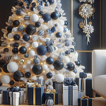 Украшенная Белая Новогодняя Елка с сине-белыми шарами и и муляжами подарков в комплекте варинант исполнения - 2 | Loft Concept в Саратове