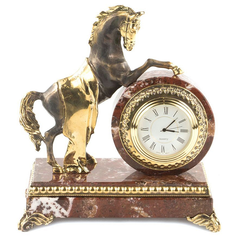 Часы настольные бронзовые с декором в виде коня Horse Stone Clock Коричневый Зеленый Бронза Черный Белый в Саратове | Loft Concept 