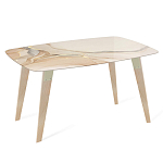 Обеденный стол с прямоугольной бежевой столешницей из стекла на 4-х деревянных ножках Beige Marble варинант исполнения - 1 | Loft Concept в Саратове