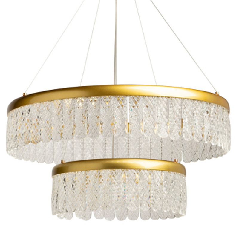 Люстра двухъярусная с золотого цвета и прозрачными подвесками Pettico Прозрачный Золотой в Саратове | Loft Concept 