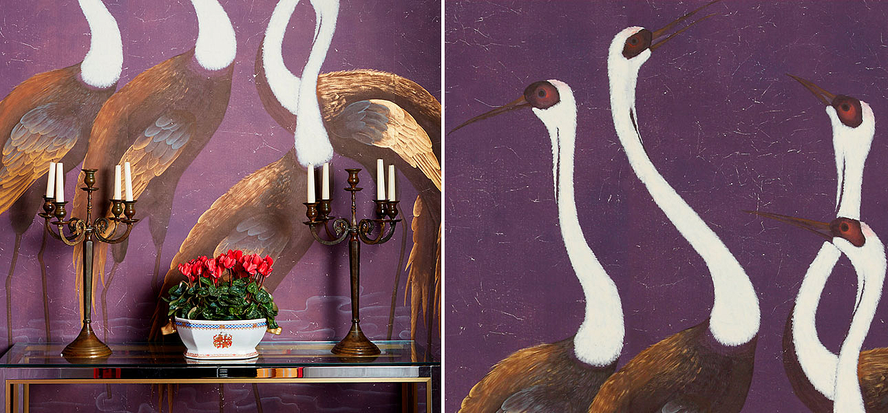 Обои ручная роспись Sarus Cranes Original colourway on Edo purple painted Xuan paper Обои ручная роспись Sarus Cranes Original colourway on Edo purple painted Xuan paper - Loft-Concept в Саратове