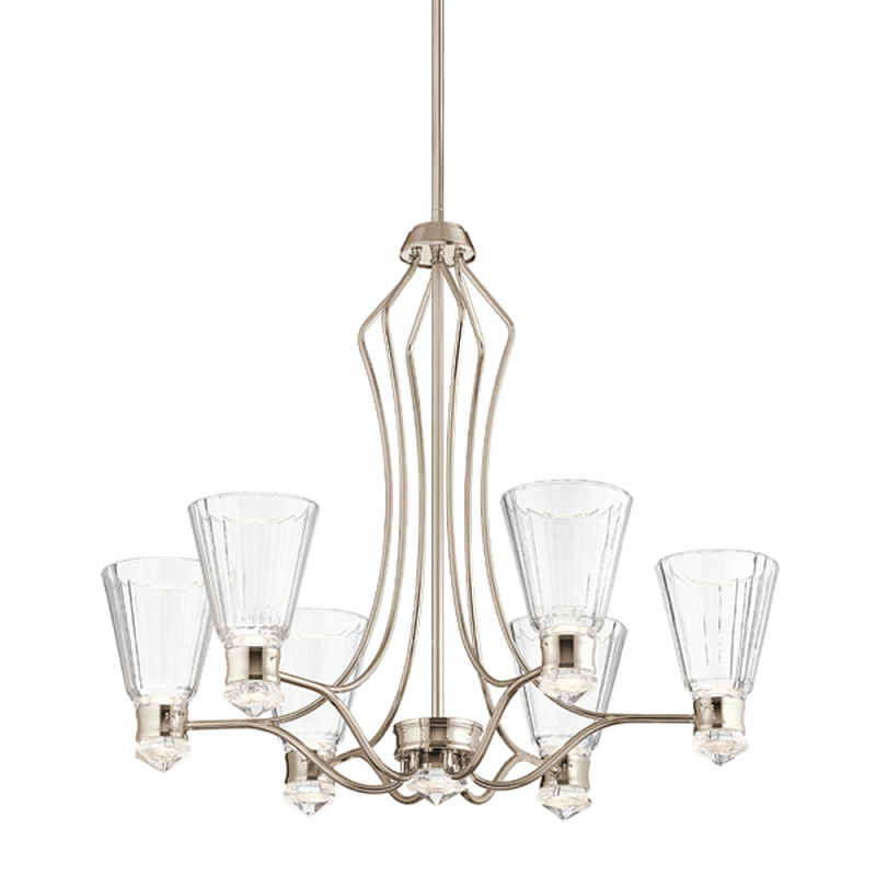 Люстра цвета никель с 6-ю рифлеными стеклянными плафонами и изогнутым каркасом Kichler Никель Белый Прозрачное Стекло в Саратове | Loft Concept 