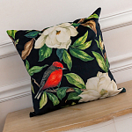 Декоративная подушка чёрная с изображением птиц и цветов Blooming Reds Birds варинант исполнения - 2 | Loft Concept в Саратове