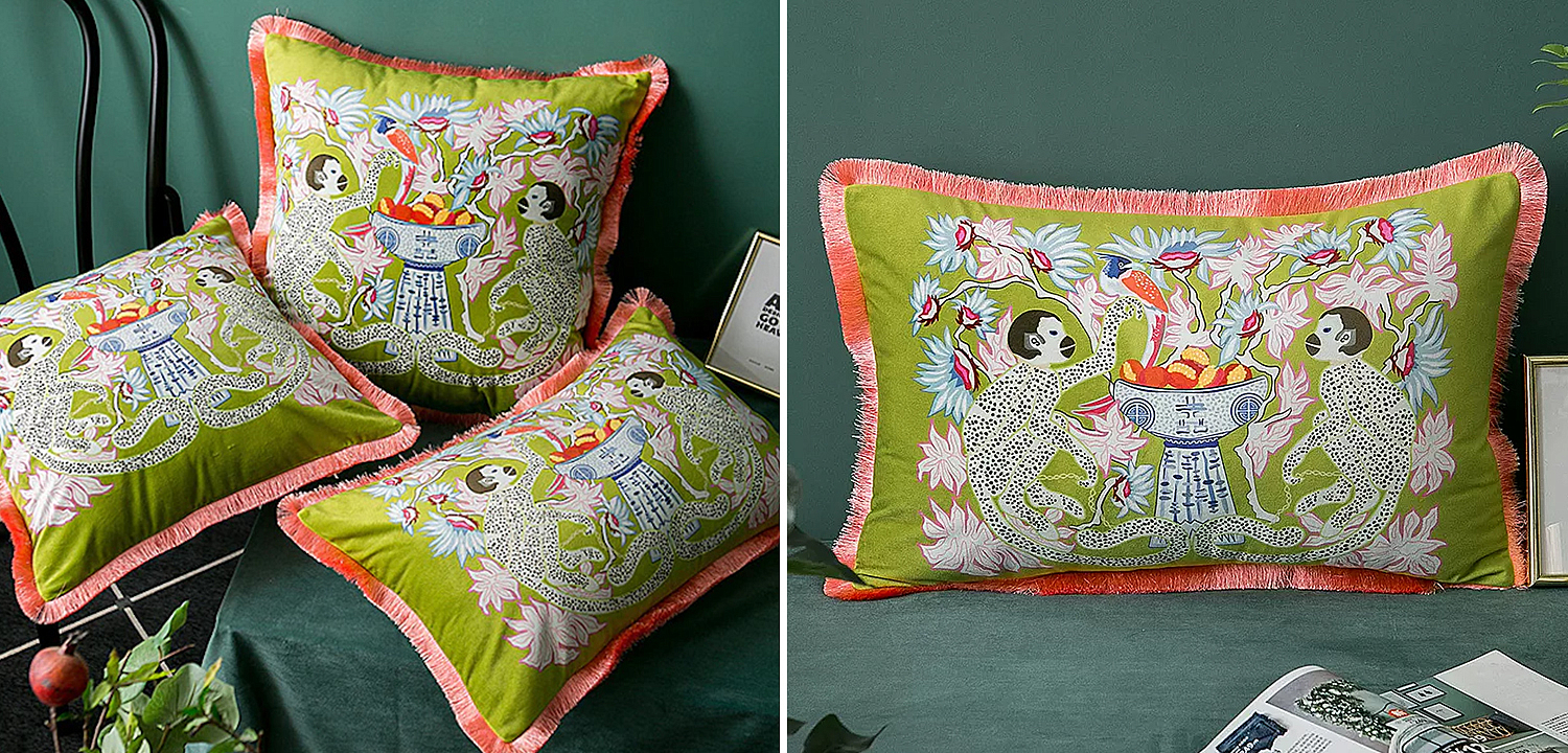 Декоративная подушка Two Monkeys on Green Long Cushion Декоративная подушка Two Monkeys on Green Long Cushion - Loft-Concept в Саратове