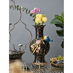 Ваза черная фарфоровая с  узором и бронзовым декором в виде веток с фарфоровой птичкой и цветами Eden Garden варинант исполнения - 2 | Loft Concept в Саратове