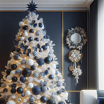 Украшенная Белая Новогодняя Елка с сине-белыми шарами и и муляжами подарков в комплекте варинант исполнения - 1 | Loft Concept в Саратове