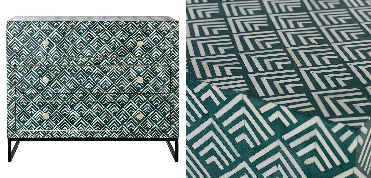 Комод инкрустация костью Green Indian Bone Inlay 3 drawer Зеленый Комод инкрустация костью Green Indian Bone Inlay 3 drawer Зеленый - Loft-Concept в Саратове