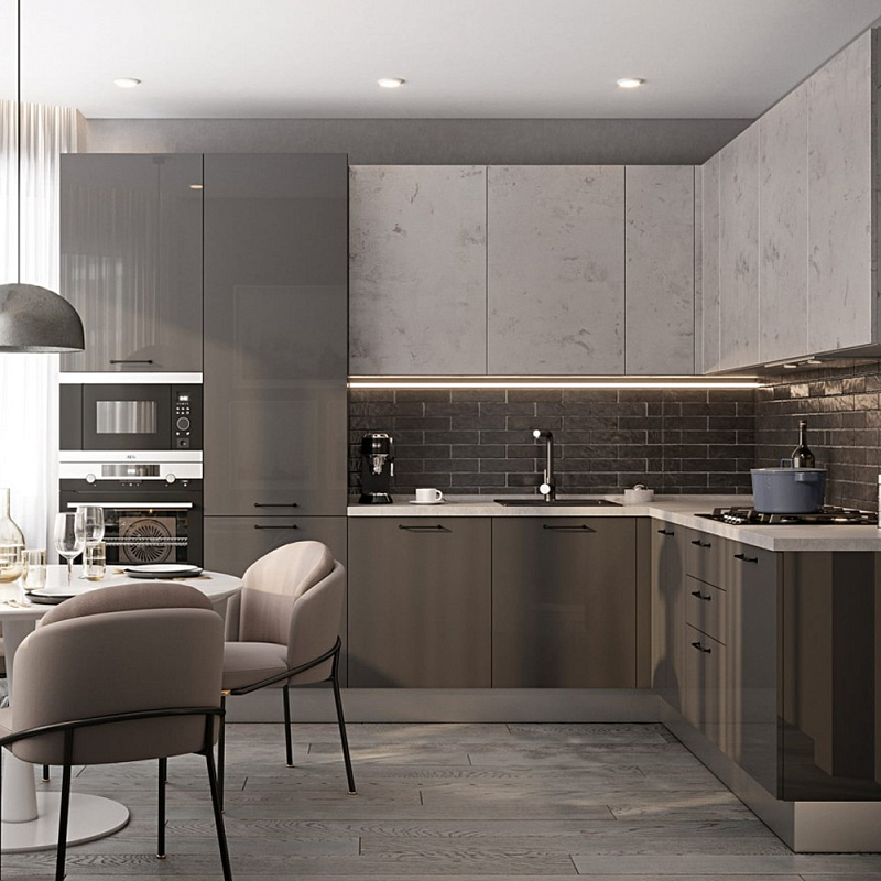 Кухонный гарнитур с серым глянцевым фасадом Onfroi Moss Grey Kitchen Set Серый Кухонный гарнитур с серым глянцевым фасадом Onfroi Moss Grey Kitchen Set Серый в Саратове | Loft Concept