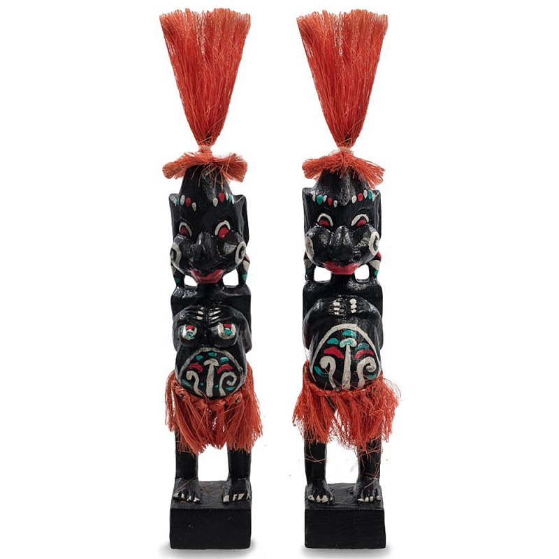 Комплект из 2-х деревянных статуэток Asmat Red Straw Headdress Statuettes Черный Красный Белый Бирюзовый в Саратове | Loft Concept 