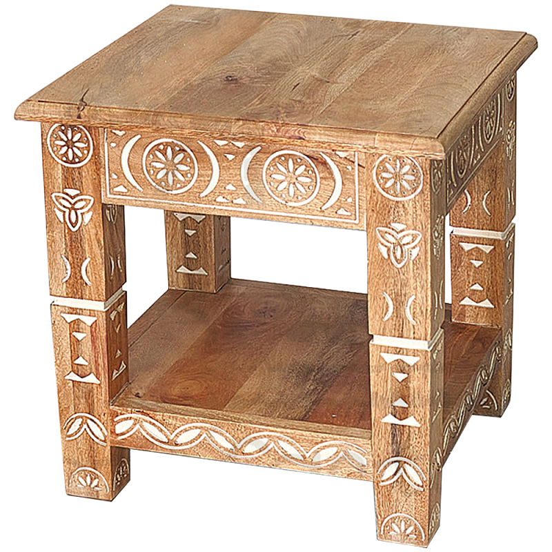 Кофейный стол из массива манго с резьбой Vallez Grey Mango Coffee Table Древесина Белый в Саратове | Loft Concept 