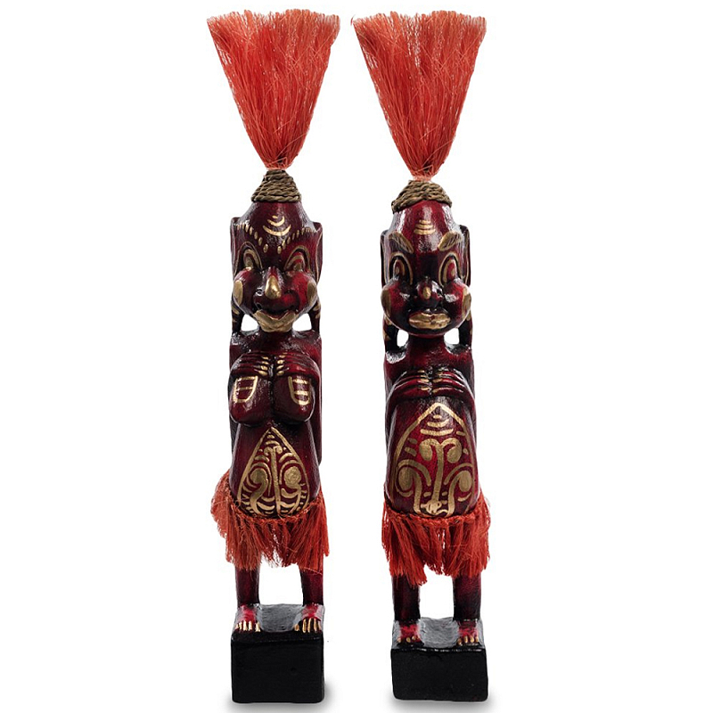 Комплект из 2-х деревянных статуэток Asmat Red Straw Headdress Statuettes Red Gold Красный Золотой Комплект из 2-х деревянных статуэток Asmat Red Straw Headdress Statuettes Red Gold Красный Золотой в Саратове | Loft Concept