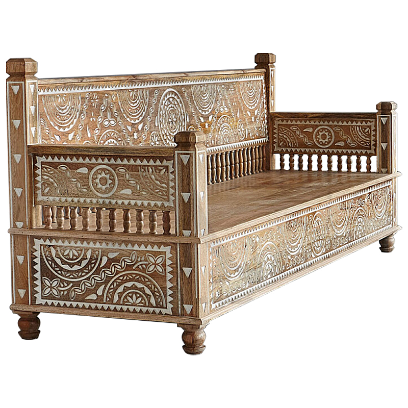 Скамья с резным декором из массива манго Grey Mango Collection Bench L Древесина Белый Скамья с резным декором из массива манго Grey Mango Collection Bench L Древесина Белый в Саратове | Loft Concept